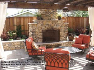 Cultured Stone Veneer on Fireplace and Seatwall with Pre-Cast Concrete Cap and Hearth